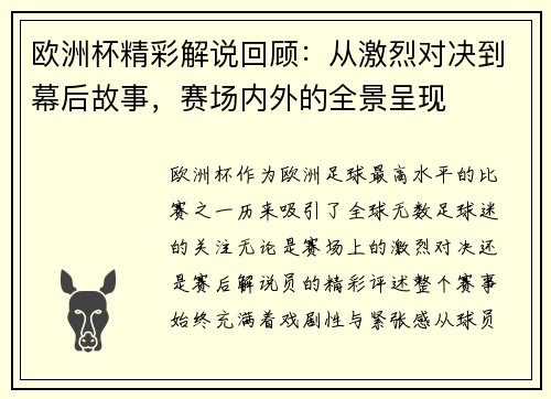 欧洲杯精彩解说回顾：从激烈对决到幕后故事，赛场内外的全景呈现