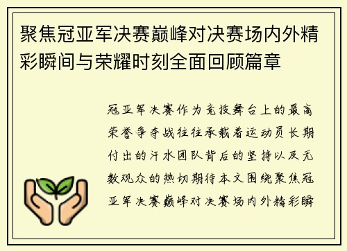 聚焦冠亚军决赛巅峰对决赛场内外精彩瞬间与荣耀时刻全面回顾篇章