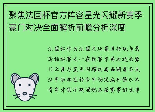 聚焦法国杯官方阵容星光闪耀新赛季豪门对决全面解析前瞻分析深度